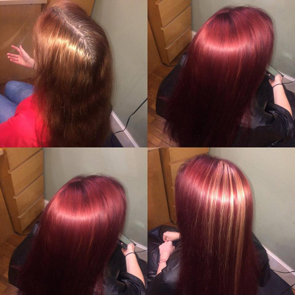 long radiant red with blonde highlights