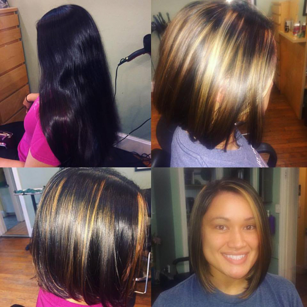 women's makeover from dark, long hair to short with blond highlights