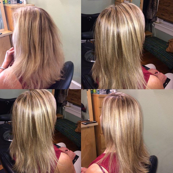 woman's makeover from long, fizzy blond, to long, smooth, layered, blond