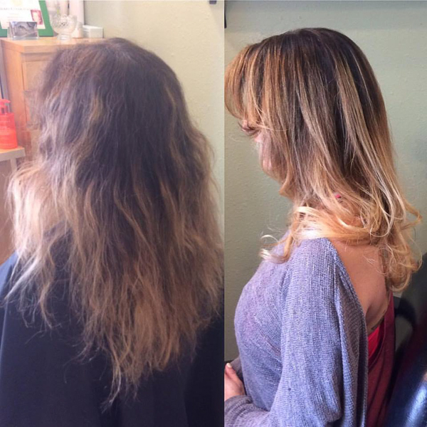 women's makeover from long, damaged hair to layered, smooth, long hair with blond highlights